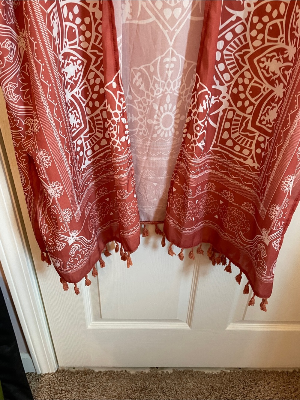 Women's Rust Open-Front Kimono Cape with White Print - Picture 2 of 8
